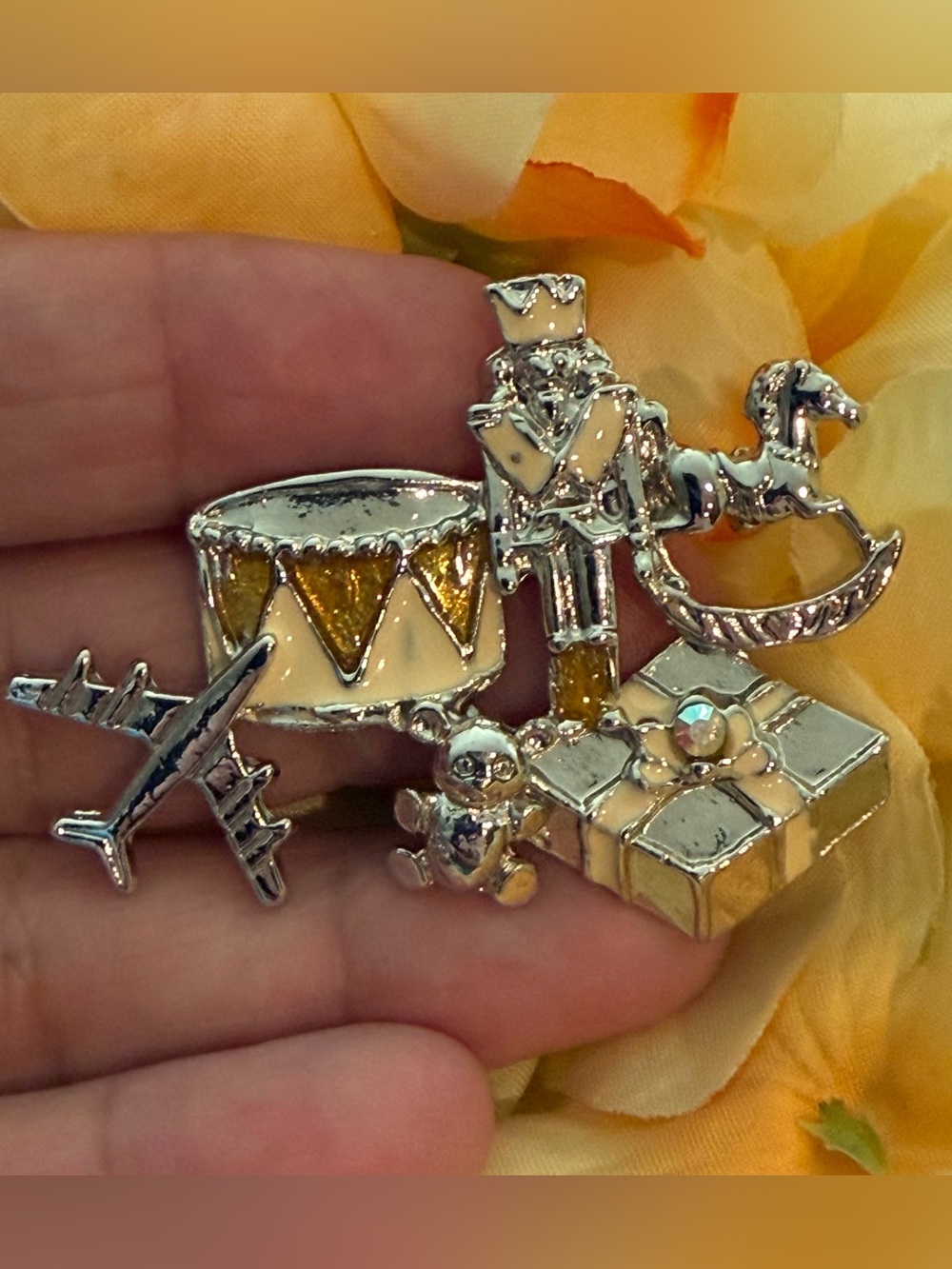 Vintage Kirks Folly Signed Christmas Brooch Pin Nutcracker Toys Enamel Silver